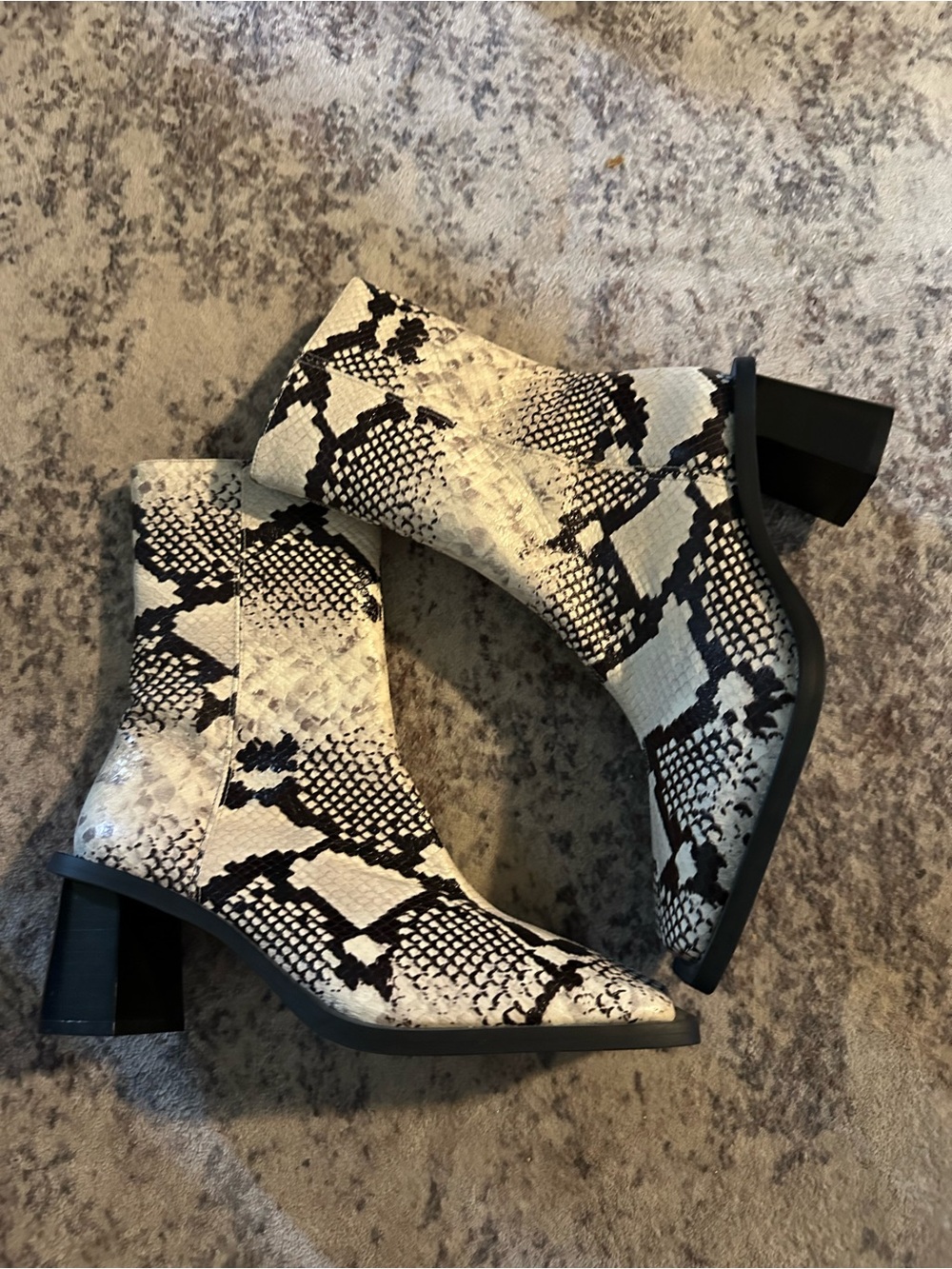 Zara White and Black Snake-Print Block Heel Ankle Boots